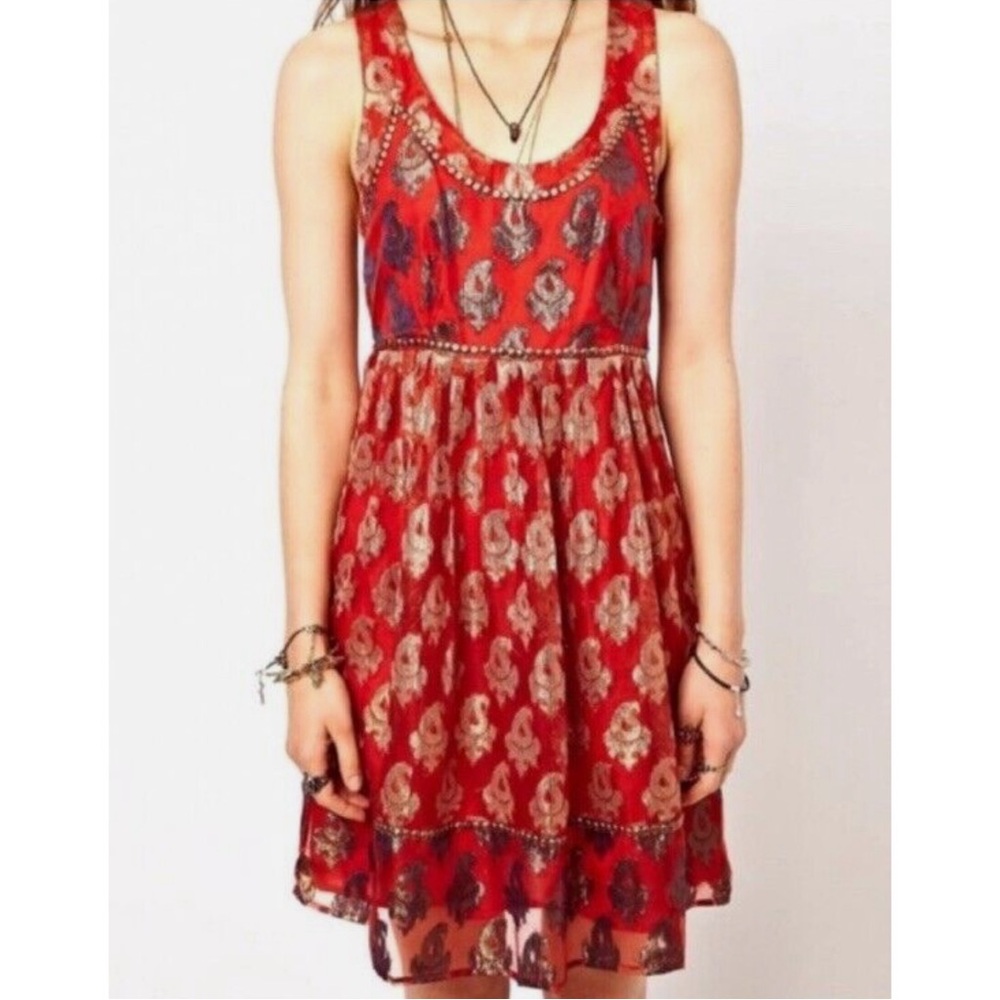 Free People Mini Dress Red Bronze Metallic Sleeveless Dress NWT SZ 4 - Picture 2 of 14